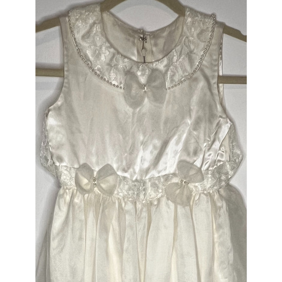 First Communion Dress Girls Size M White Sheer Lined Bows Peals Lace Satin Trim - Picture 4 of 16
